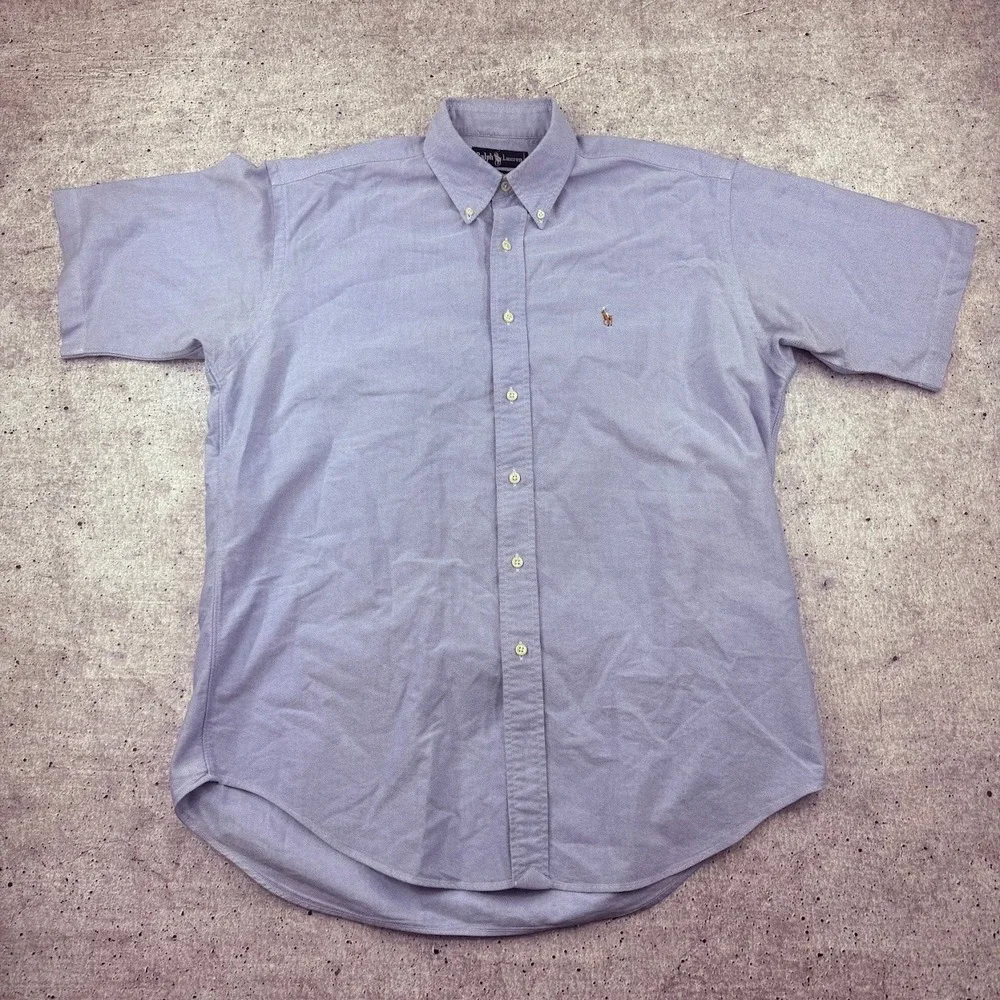 Vintage Polo Ralph Lauren Blue Flesh Pony Button Down Short Sleeve Shirt Mens M